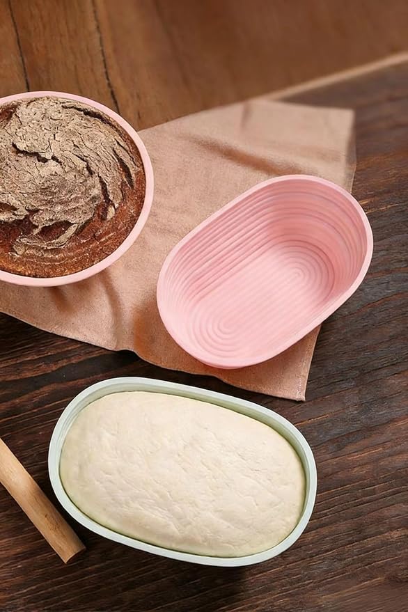 Banneton Bread Proofing Baskets,Silicone Sourdough Bread Baking Supplies, Bread Proofing Baskets for Sourdough, Round&Oval Collapsible Sourdough Baking Basket (Pink+Green(Oval))