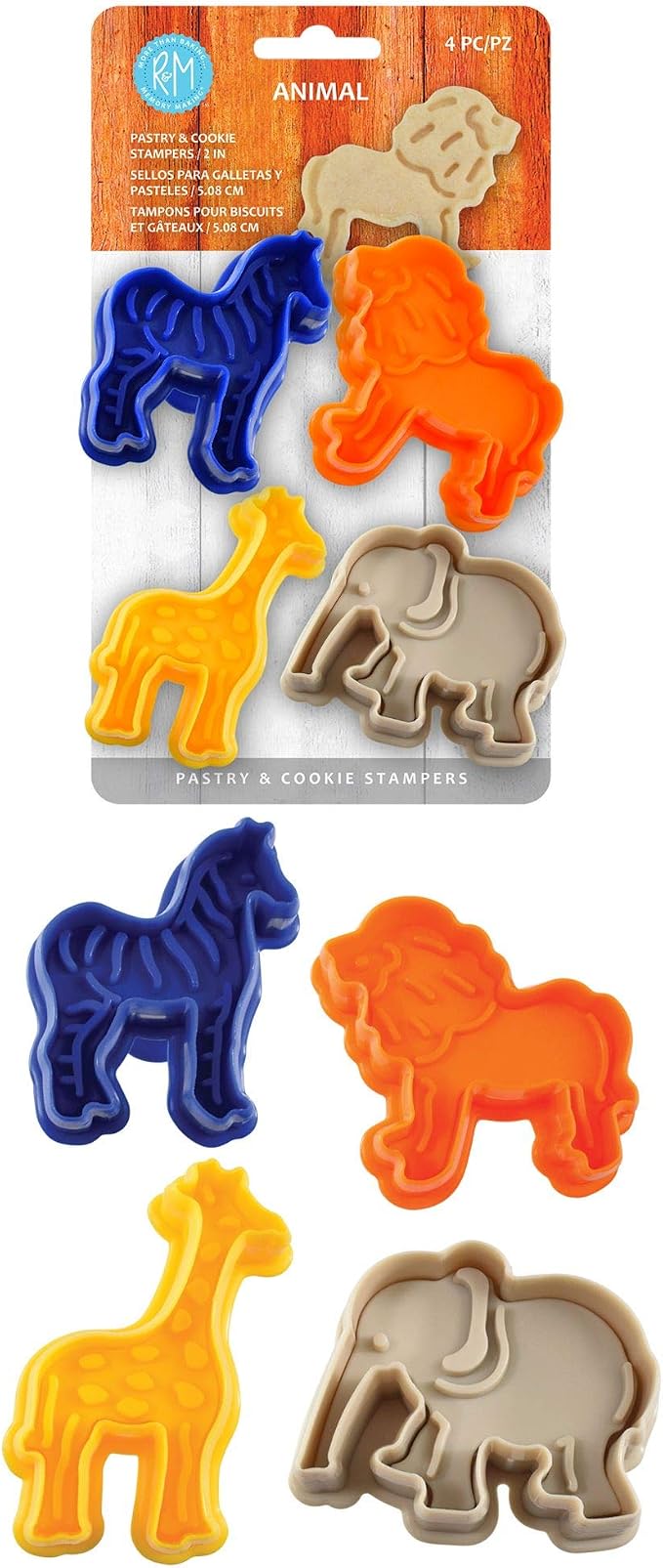 R&M Animal Collection Pastry & Cookie Cutter set of 4. Assorted Designs and Colors, Zebra, Lion, Giraffe, Elephant. 2 Inches Assorted Plastic Cookie Cutters