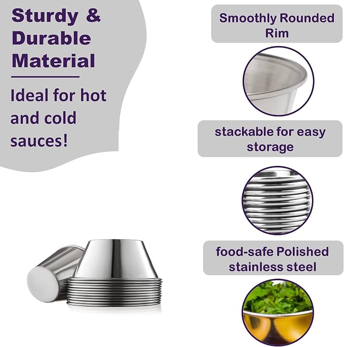 Nechtik Small Sauce Cups, Stainless Steel Ramekin Dipping Sauce Cup, Commercial Grade Individual Round Condiment cups (24 of 1.5 oz.)