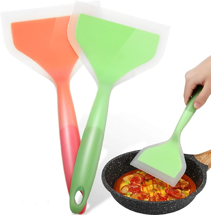 Shappy 2 Pcs Wide Spatula Tamagoyaki Omelette Silicone Shovel Turner Nonstick Fried Fish Spatula Wide Flexible Turner for Nonstick Cookware Egg Cookie Pancake(Green, Orange)