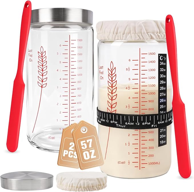 57oz Sourdough Starter Jars, Extra Large Complete Baking Kit | Sour Dough Starter Jars Includes Fermentation Cover & Aluminum Airtight Lid for Perfect Sourdough Bread (Red Set of 2)