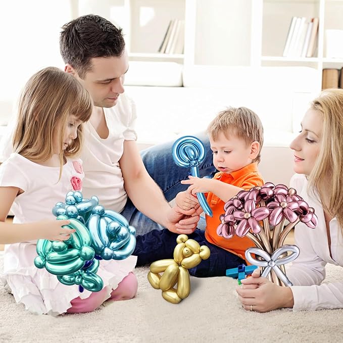 100 Pcs 260 Balloons Kit with Pump - Kids Premium Latex Twisting Long Balloons to Make Animals Flowers, Metallic Assorted Balloons for Party Boys Girls Birthday Gifts Clowns Wedding Decor