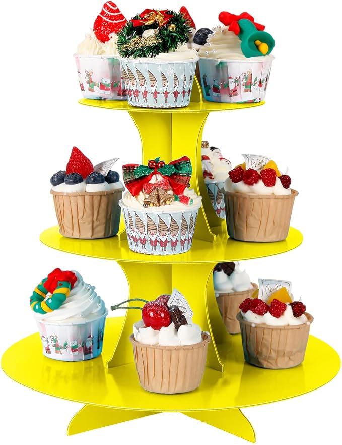 YLDW Cupcake Stand 2Pcs, 3-Tier Cupcake Stand Display, Cardboard Cup Cake Tower Stand, Disposable Dessert Stand for Birthday Tea Party Baby Shower Treat Decorations, Yellow