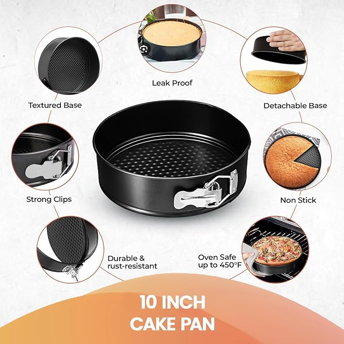 RFAQK 10 Inch Springform Pan Nonstick Leakproof - Spring Form Pan for Cheesecake with Removable Bottom, Include 50pcs Parchment Paper, Recipe E-Book - Perfect for Baking Cheese Cakes, Pizzas, & More!