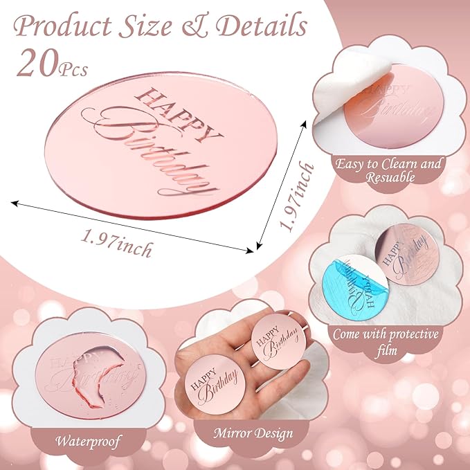 20pcs Pink Birthday Cupcake Toppers Acrylic Cake Picks for Party Decor | Mirror Design Rose Gold Birthday Party Supplies Round Picks DIY Gifts Flower Bouquet Pastries Desserts Decor