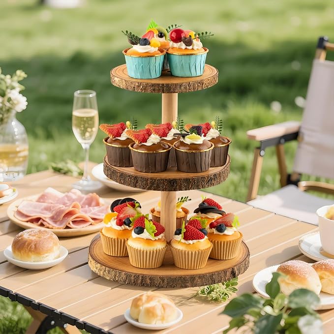 Rustic 3-Tier Wooden Cupcake Stand & Cake Tower – Natural Paulownia Wood Tiered Display for Weddings, Parties, Baby Showers, Holidays (Farmhouse Décor, Handcrafted Bark Design)