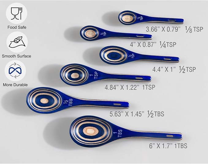 Measuring Spoons, 6pcs Durable Pakkawood Measuring Spoons Set Includes Teaspoon Tablespoon Measuring Spoon for Dry or Liquid Ingredients, Wooden Measuring Scoop for Baking Cooking (Navy Blue)
