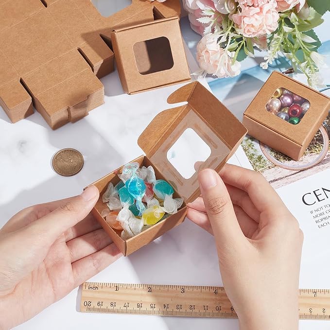 BENECREAT 48 Packs 2.17x2.17x0.98 Inch Brown Kraft Paper Box with Clear Windows Foldable Paper Gift Box Goodies Candy Box Dessert Box for Party Wedding Bakery Packaging