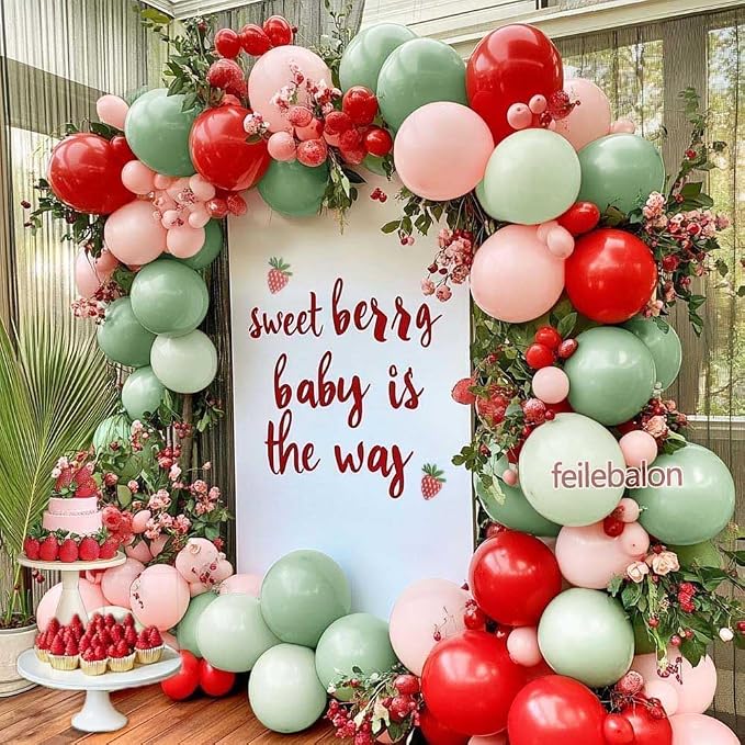 Red Pink Green Balloon Arch Double Stuffed Dusty Green, Ruby Red, Pastel Pink Balloon Garland Kit for Cherry on Top Birthday Mothers Day Baby Shower Wedding Summer Party Decoration