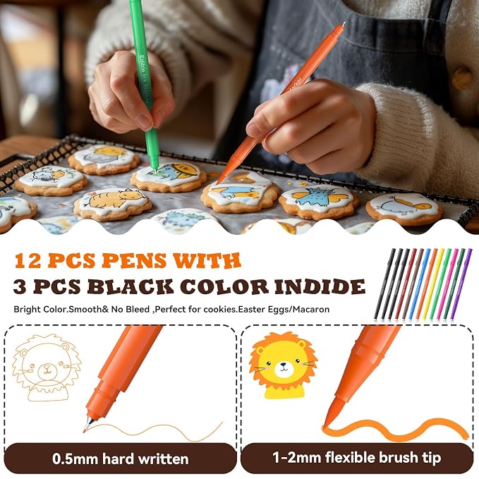 Edible Markers for Cookies Decorating – Jewem Food Coloring Pens, 12 Pack Dual Tip Edible Markers with 0.5mm Ultra Fine Tip, Cookie Supplies & Decorating Kit for Cakes and Treats, 10 Colors, Food Safe Markers