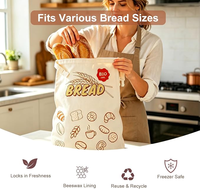 Beeswax Bread Bags for Sourdough, 2 Pack XL Reusable Cotton Linen Food Storage with Removable Beeswax Liner Includes a Proofing Cover, for Homemade Bread Bagels & Cookies 17x13 Inch to Keep Fresh