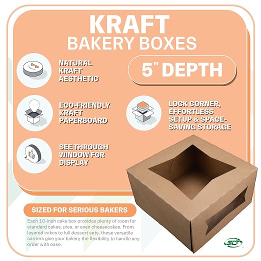 Southern Champion Tray 23053K Kraft Paperboard Lock Corner Window Bakery Box, 10" Length x 10" Width x 5" Height (Case of 150)