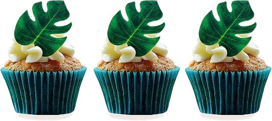 48pcs Edible Tropical Turtle Leaves Cupcake Toppers, CGHCEAI Palm Leaves Cake Decoration For Hawaii Theme Jungle Party Cake Toppers Birthday Party Supplies