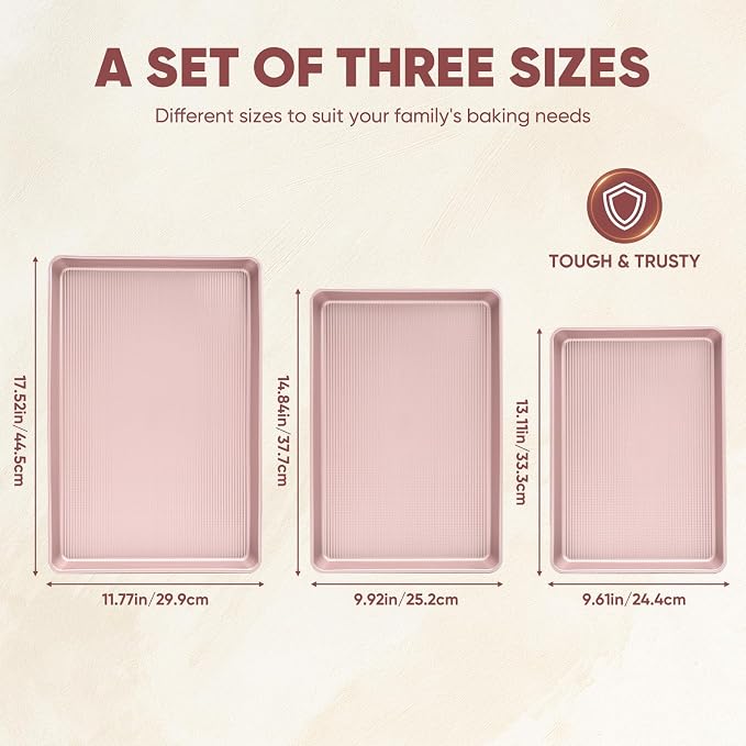 Sakerplus Nonstick Baking Sheet Pan Set of 3, Heavy Duty Cookie Sheets for Oven with Stripe Texture Pattern, 0.6mm Thick Quarter/Half/Jelly Roll Pans, Rust-Resistant & Easy Clean (Pink)