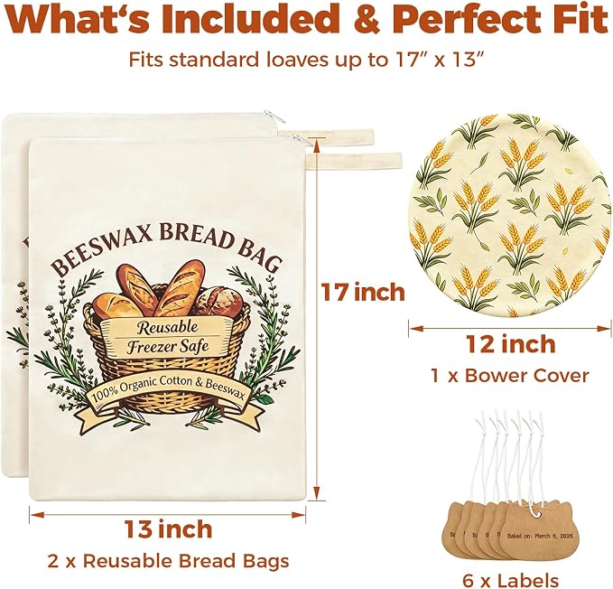 Beeswax Bread Bags with Zipper Seal – Extra Large 13"x17", Reusable, Breathable Cotton Linen Sourdough Bags, 2 Packs XL Bread Bags, with 1pcs Bowl Cover, 6pcs Paper String Tags