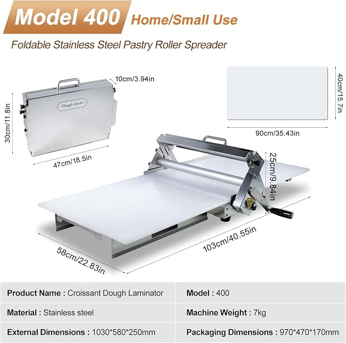 Folding Dough Sheeter Machine, Manual Dough Sheeter Machine, Stainless Steel Dough Laminator, 55 Adjustable Thickness for Home Bakery and Commercial Kitchen, Ideal for Pizza, Pasta, Croissants 40×90cm