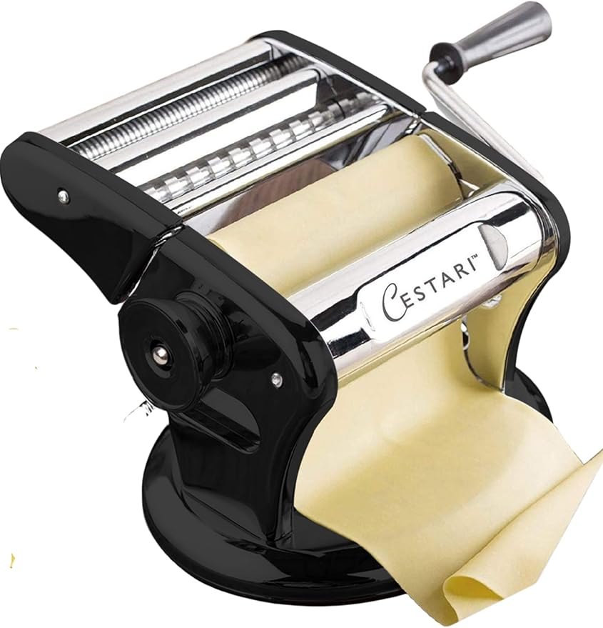 Cestari Stainless Steel Pasta Machine - 150 mm Roller with Patented Suction Base for No-Slip Use - Includes Pasta Cutter, Hand Crank, and Recipes