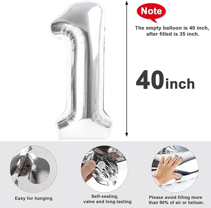 Numbers 40 Inch Balloon, Large Silver Number 13 Balloon Party Decorations for 1 3 31 Birthday Memorial Day, Foil Balloon for Outdoor & Indoor Wedding Supplies