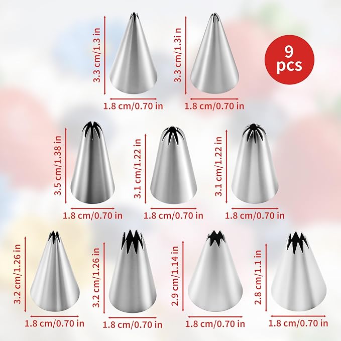 9-Piece Open Star Piping Tips Set - Small French Star Frosting Nozzles, Stainless Steel Icing Tips Star Pastry Tips, Frosting Nozzle Kit for Cupcakes Cakes Cookies Decorating