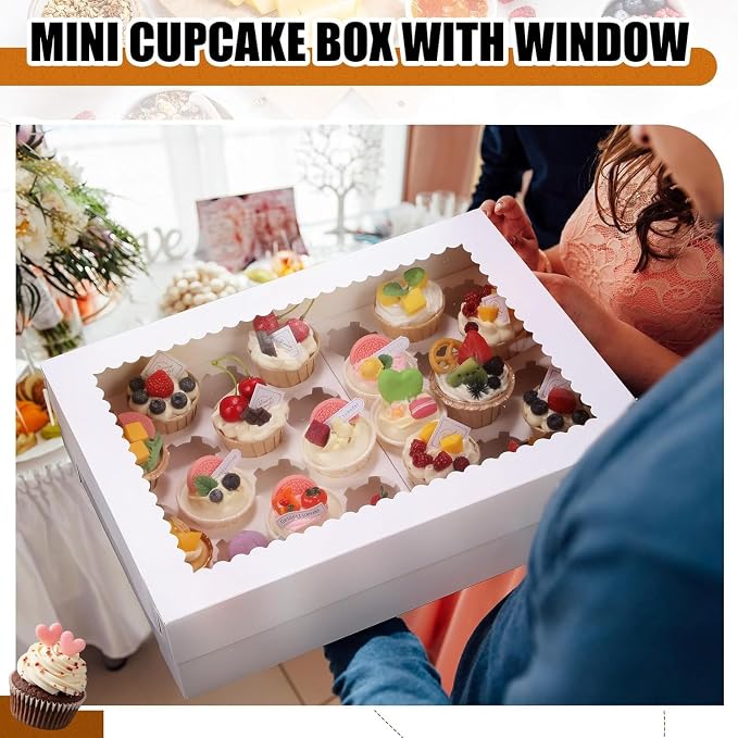 Mini Cupcake Box 5 Pack, Each Holds 24 Mini Cupcakes, White Cupcake Containers with Clear Window, 15 x 11 x 4 Inches Cupcake Holder for Birthday, Holiday, Party, Bakery
