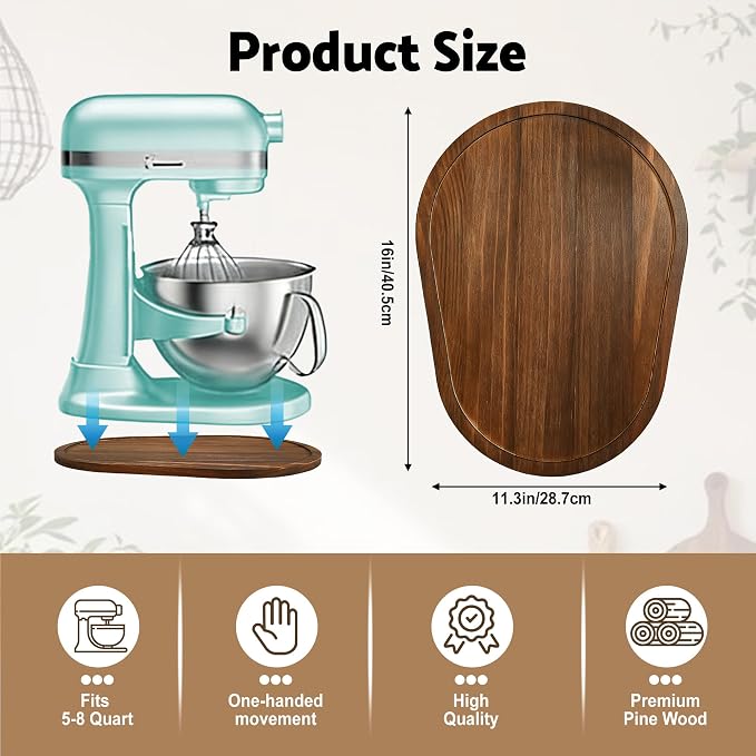Mixer Slider Mat for KitchenAid 5-8 Qt Bowl Lift Stand Mixers, Pine Wood Moving Tray Storage Organizer for Kitchen Countertop Accessories and Attachments(5-8 Qt,Brown)