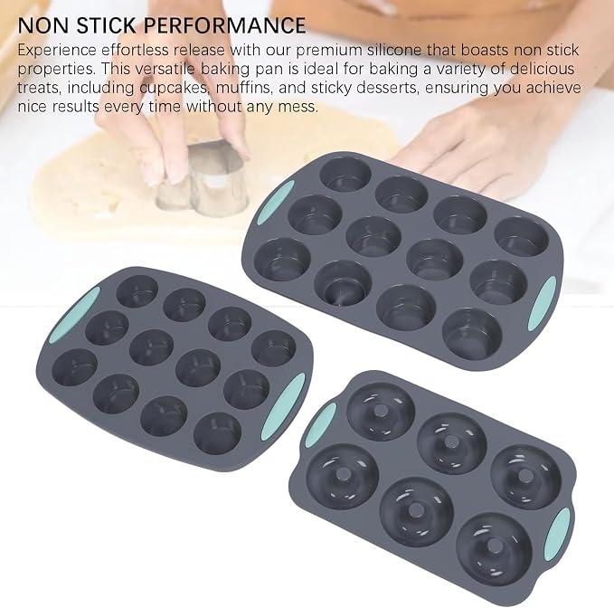 Silicone Muffin Pan, Non Stick Cupcake Pan for Baking Muffins and Donuts, Heat Dishwasher Safe Silicone Baking Tray with Even Heating for Kitchen Oven Use
