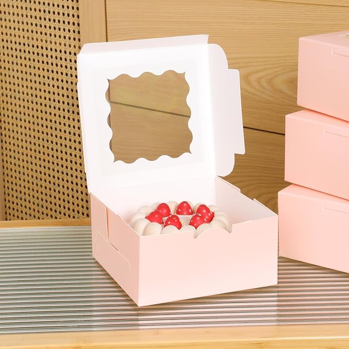 100 pcs 6x6x3 Inches Small Cake Box with Window, Bakery Pastry Cookie Boxes, Mini Pie container for Pastry,Dessert,Strawberries,Chocolates, Cupcakes with paper stickers (pink)