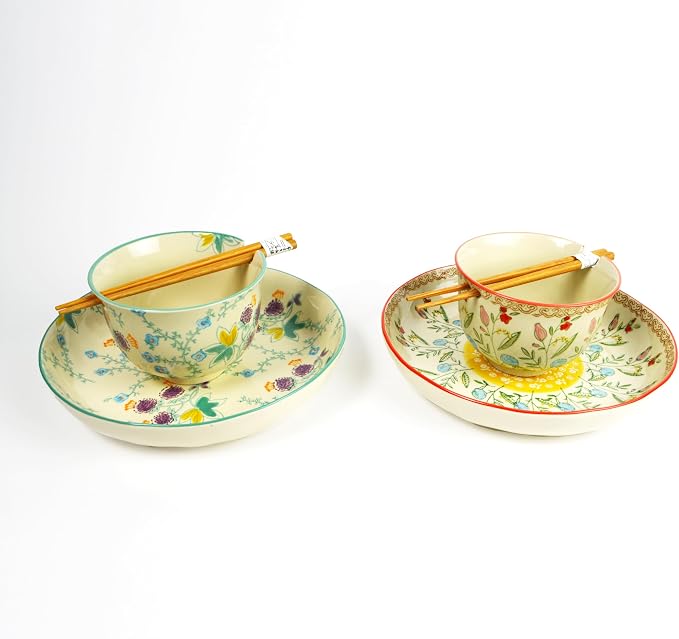 Ceramic Ramen Bowl Set | Ella Collection by Euro Ceramica | Salad Soup Ramen Bowl 2 Sizes Included with Chopsticks | Microwaveable Bowl for Ramen, Noodles, Pho, and Udon - Red Floral Design