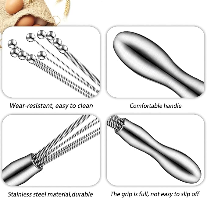 2Pcs Ball Whisk Set — Stainless Steel Whisk Set with Comfortable Ergonomic Handle | Excellent for Eggs, 10 Ball Head, Easy to Clean — Compact 12” & 10” for Versatile Stirring