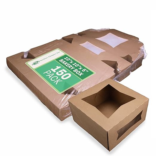 Southern Champion Tray 23053K Kraft Paperboard Lock Corner Window Bakery Box, 10" Length x 10" Width x 5" Height (Case of 150)