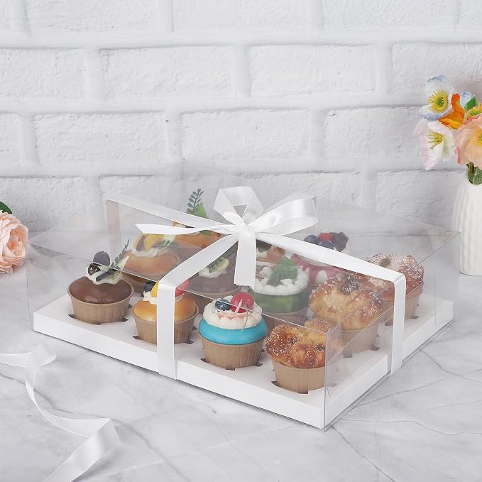 EUSOAR Cupcake Boxes 12 Count, 12 Pack White Bakery Cookies Pastry Containers with Gift Ribbon, Rectangle Treat Dessert Muffins Holder Disposable Mini Cake Carrier for Wedding Party Favor Decor