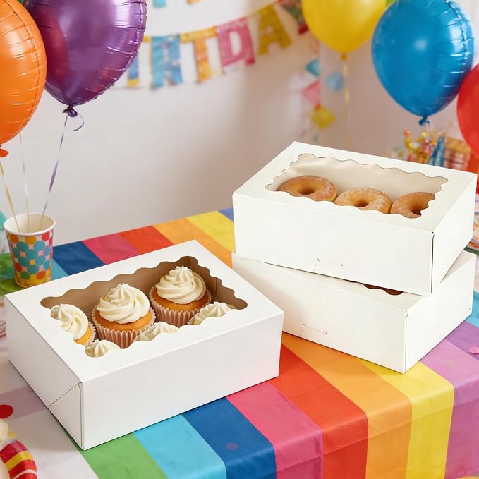 QTLCOHD 50 Pcs Cookie Boxes with Window 9x6x3 Inch | White Bakery Boxes Dessert Container with Sticker for Pies, Chocolate, Strawberries, Muffins, Donuts, Pastry, Candy