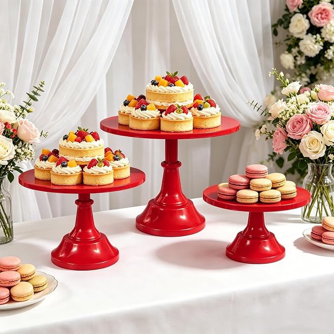 3 Pcs Cake Stand Set Metal Round Cake Holder Cupcake Stands 8/10/12 inch Red Dessert Display Stands Dessert Table Decorations for Birthday Parties, Baby Shower,Wedding Banquets and Anniversary