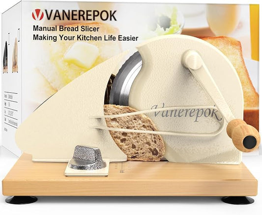 vanerepok Manual Bread Slicer Adjustable Thickness for Homemade Sourdough | Hand Crank Bread Cutter with Scale & Stable Suction Cups & Wood Base for Even Slicing Perfect Baking Gift for Home Bakers