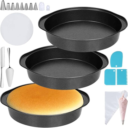 Hunnycook Cake Pan Set - 138 Piece 8-inch Round Cake Pans, Carbon Steel Cake Pan with Handles, Cake Decorating Kit with Parchment Papers, Piping Bag and More Accessories