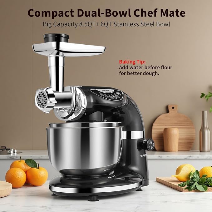 Stand Mixer, 8.5QT+ 6QT Two Stainless Steel Bowls Electric Food Mixer, 7 in 1 Multifunctional Kitchen Mixer with Dough Hook, Whisk, Beater, Meat Grinder,Pasta & Cookie Maker-Black