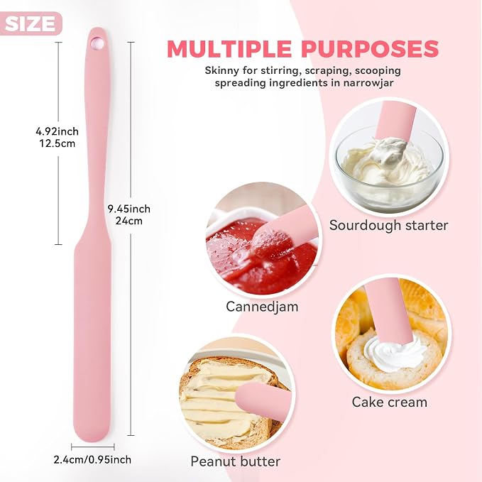 Silicone Jar Spatula Set of 5, Long Handle Skinny Spatula and Spurtle for Sourdough Starter, Flexible Jar Scraper for Peanut Butter, Jam, Icing, Cream with No Batter Left Behind (5)
