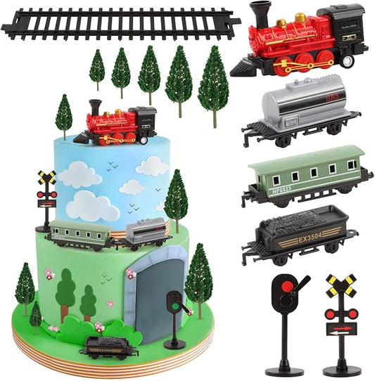 Hooqict 12Pcs Train Cake Topper Birthday Party Decorations Train Cake Decorations Set with Mini Railroad Track, Traffic Light, Railroad Crossing Sign Cake Toppers for Kids Boys Birthday Party Supplies