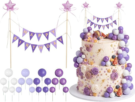 21 Pcs Happy Birthday Cake Topper Cake Bunting Topper Banner with Wood Pole Rainbow Garland with Bow Ribbon Balloon, Mini Cupcake Decor for Birthday Baby Shower (Purple,White)