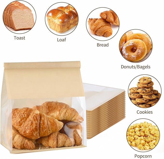 Ocmoiy 50Pcs Large Paper Bread Bags, Resealable Sourdough Bread Bags, Clear Front Tin Tie Tab Lock Bakery Storage Bag with Window Paper Treat Bag (8.7x4.3x11 Inch)