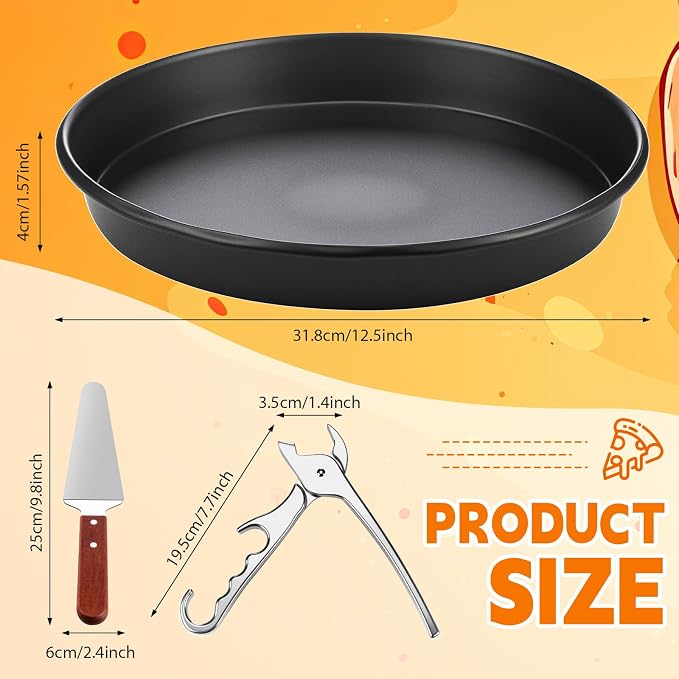 Reallnaive 3 Pcs Round 12 Inch Deep Pizza Pan Baking Tray Include 1 Non-stick Cake Mold, 1 Square Shovel, 1 Tray Clip, Pizza Dish Baking Sheet for Oven