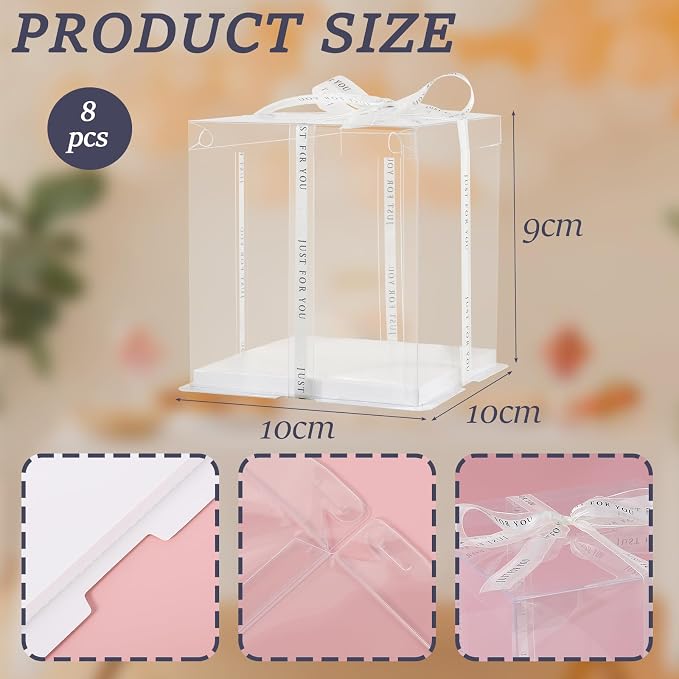 8Pcs Tall Cake Boxes Clear Box with Ribbon, 10x10x9 inch, for 6" cajas para pasteles Tiered Cakes,Transport Gift Boxes for Wedding and Gift Display. (Transparent, 10 * 10 * 9 inch/8pcs)