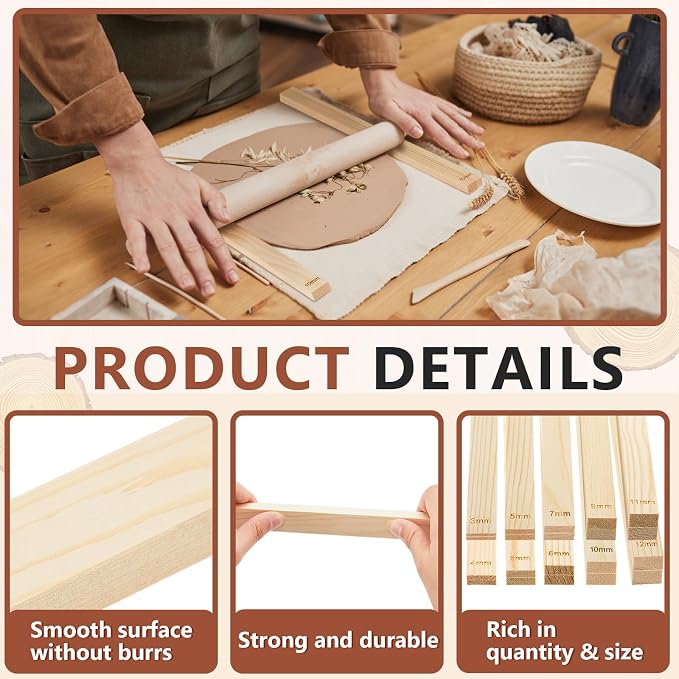 Sasylvia 20 Pcs Clay Pottery Rolling Pin Guides Wood Teaching Rolling Mud Stick Guide Set Polymer Clay Depth Thickness Guide Pottery Mudboard Tools (10 Size,Wood Color)