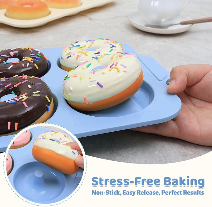 Nonstick Silicone Donut Pan: 3.5 Inch Large Donut Mold with Metal Frame - Bagel Doughnut Pan for Baking Gluten Free Glazed Vegan - for Oven Housewife Home Baker Baking Lovers (Blue)