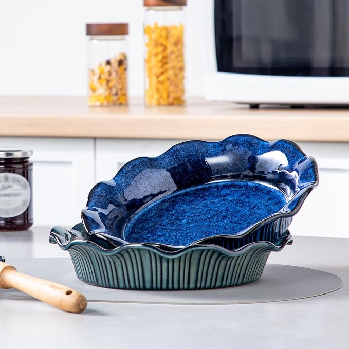 vancasso Ceramic Pie Pan for Baking, 9 inch Deep Pie Plates for Apple Pie, Pot Pie, Tart and Quiche, Reactive Glaze Fluted Pie Pans, Large Pie Dish with Ruffled Edge, Blue, STERN Series