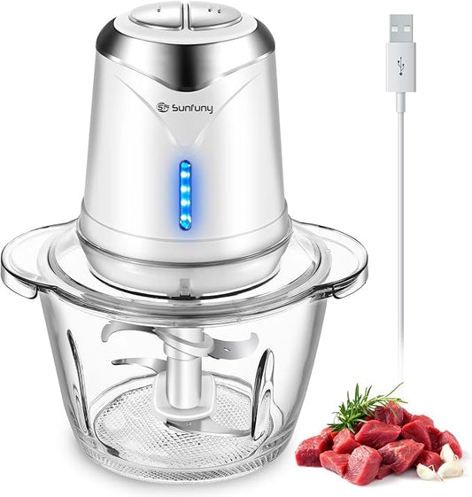 Cordless Food Processor Electric Chopper, Small Wireless Processor 6000mAh Battery with 5cup/1.2L Glass Bowl for Vegetable, Onion, Baby Food, Mini Garlic Chopper Portable Meat Blender Mixer, White