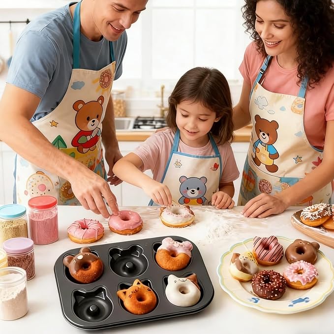 2 Pack Donut Pans, 2 1/2" Non-Stick Cat & Bear-Shaped Donut Mold Cake Pan, 6 Cup Carbon Steel Doughnut Pan for Home Baking