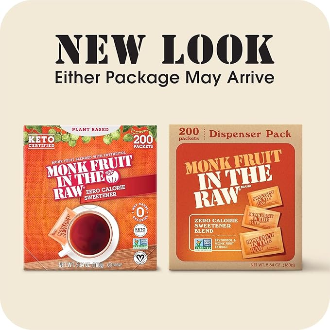 MONK FRUIT IN THE RAW, 200 count Packets, Pack of 2, Natural Monk Fruit Sweetener w/Erythritol, Sugar-Free