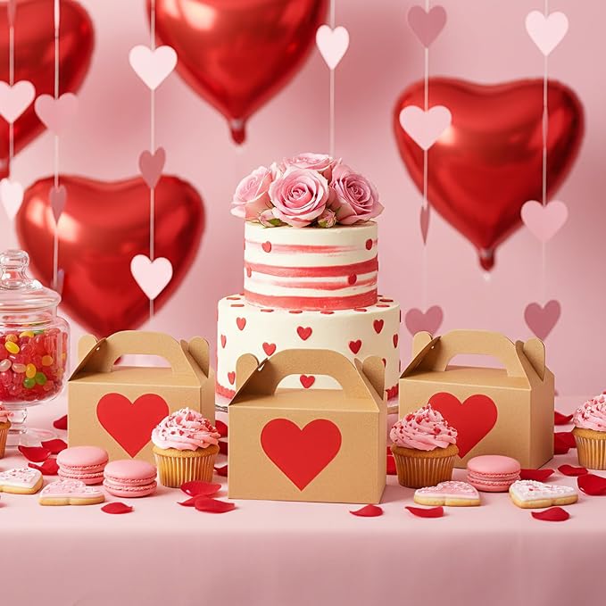 Colarr Mother's Gift Treat Boxes Hearts Prints Galentine Cookie Boxes with Handles 5.9 x 3.5 x 3.5 Inches Goodie Candy Container Kraft Paper Party Favor Holder(24 Pcs)