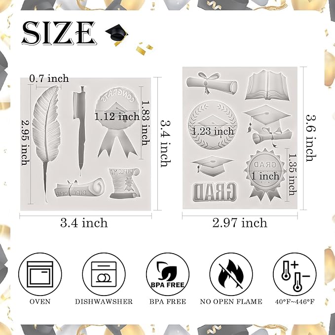 Sakolla 2 Pack 2026 Graduation Candy Chocolate Molds, Doctoral Cap Diploma Scroll Badge Pen Shape Fondant Silicone Molds for Party Cake Decoration（Mini/Grey）